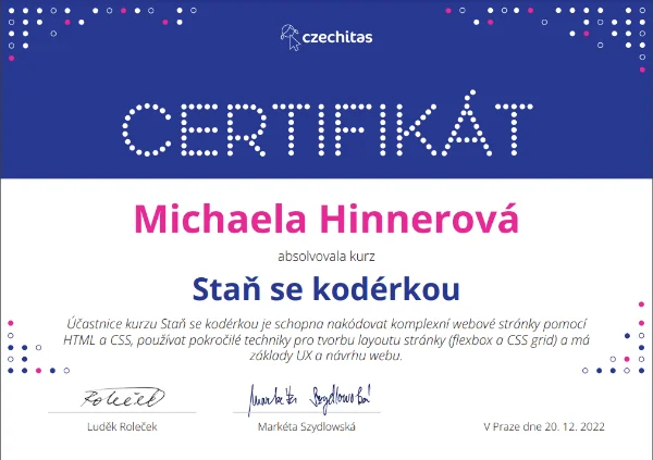 Certifikát ke kurzu Staň se kodérkou od Czechitas